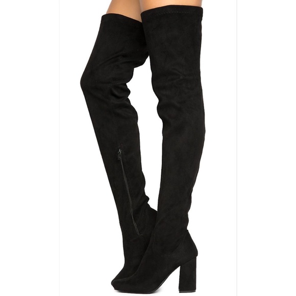 Elantra Thigh High Black Suede Block Heel Boots - Picture 7 of 7